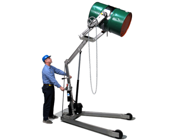 Model 400A-96SS-125 Stainless Steel Hydra-Lift Drum Carrier with Electric power drum lift, and Pull Chain manual drum tilt control.