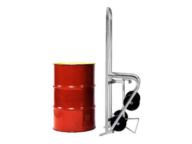 4-Wheel Stainless Steel Drum Truck stands in upright position in 20" x 20" (51 x 51 cm) area for space saving storage