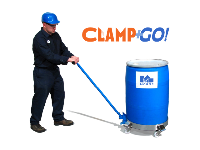 Clamp+GO Dolly Handle (model 24). Image shows Dolly Handle attached to Drum Dolly (model 14-SS). Drum Handling Equipment from Morse Manufacturing - The Specialist in Drum Handling Since 1923.