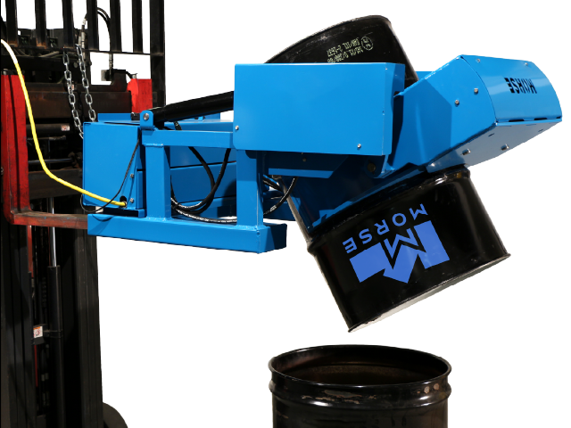 Morse 290F GRIP+GO Power-Grip Fork Mount Drum Handler tilting a black steel drum to pour liquid into another drum.