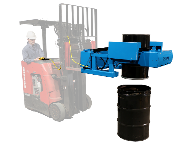Operator using a Raymond forklift with a Morse 290F GRIP+GO Power-Grip Fork Mount Drum Handler to pour liquid from a black steel drum into another drum.