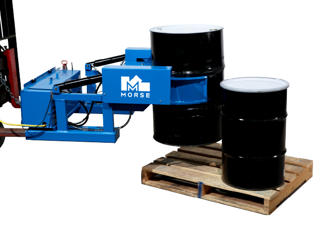 Morse 290F GRIP+GO Forklift Drum Handler placing a drum onto a pallet beside another drum, demonstrating precise drum handling and positioning.