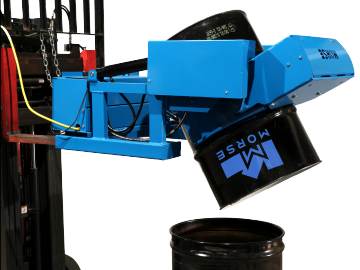 Morse 290F GRIP+GO Power-Grip Fork Mount Drum Handler tilting a black steel drum to pour liquid into another drum.