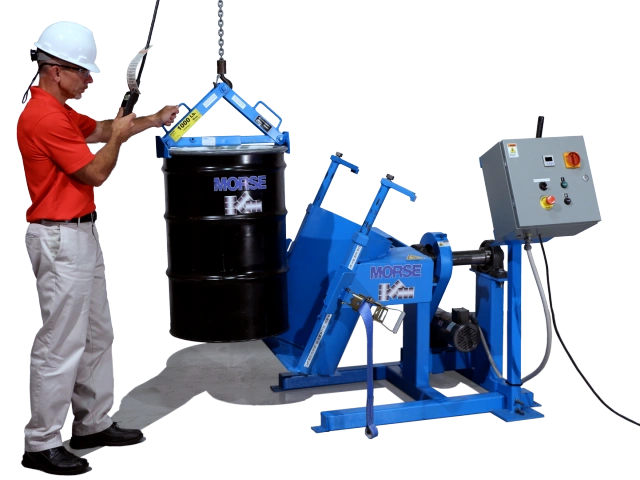 Load a drum onto Drum Tumbler with Model 92 Below-Hook Drum Lifter and your hoist. Shown with Control Package (sold separately). - Morse Manufacturing Drum Tumblers - Drum Handling Equipment