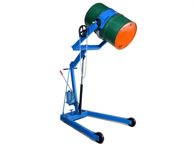 Hydra-Lift Drum Carrier with hand pump drum lift, and pull chain drum tilt to pour drum