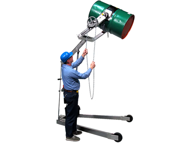 Stainless Steel Hydra-Lift Drum Carrier  with battery power drum lift and pull chain drum tilt. Model 400A-96SS-125 shown.