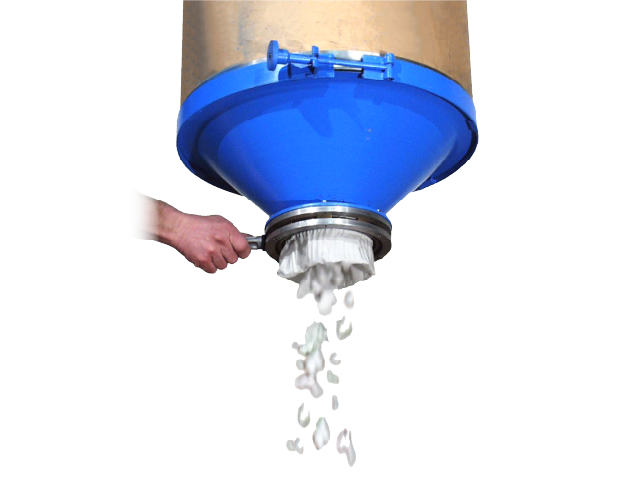 45 Degree Drum Cone with Valve Flange Model 5-VF-45-23. Shown with Iris Valve and Clamp Collar (each sold separately).
