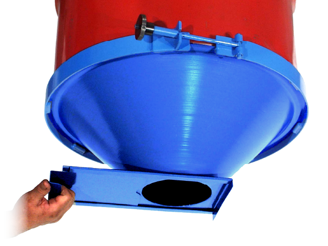 45 Degree Drum Cone with Valve Flange Model 5-VF-45-23. Shown with Slide Gate and Clamp Collar (each sold separately).