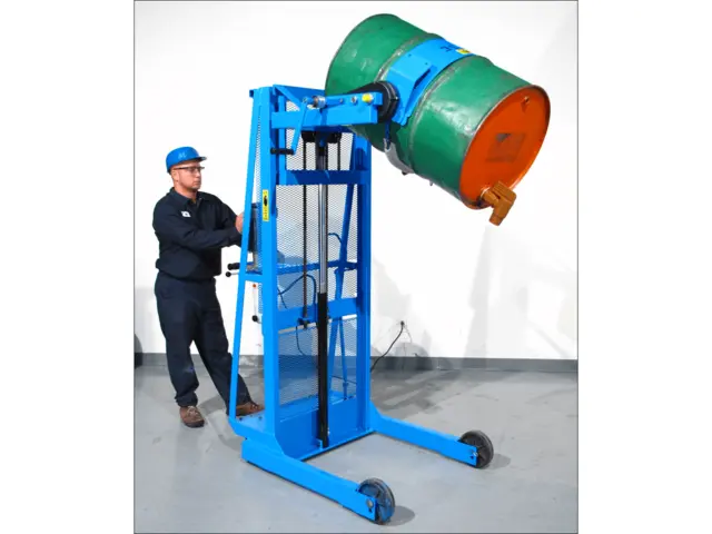Model 510-120 Vertical-Lift Drum Pourer shown with MORStop Tilt-Brake Option to automatically hold drum tilt angle