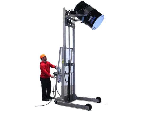 Stainless Steel Vertical-Lift Drum Pourer with Air Power Lift and Tilt Control - Model 520SS-114 shown.