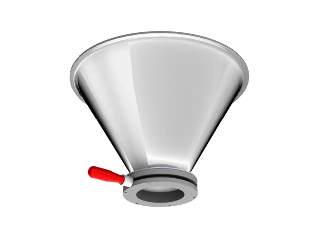 60 Degree Bead Blast Stainless Steel Drum Cone with Valve Flange. Shown with Iris Valve (sold separately).