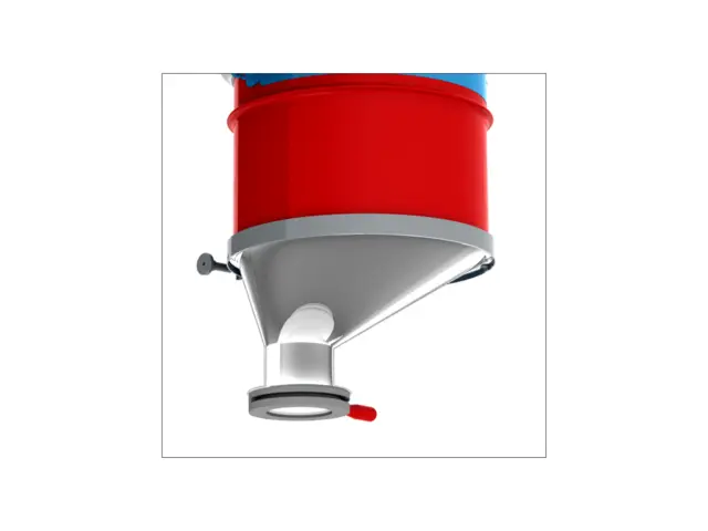 Asymmetric Bead Blast Stainless Steel Drum Cone with Valve Flange. Shown with Iris Valve and Clamp Collar (each sold separately).
