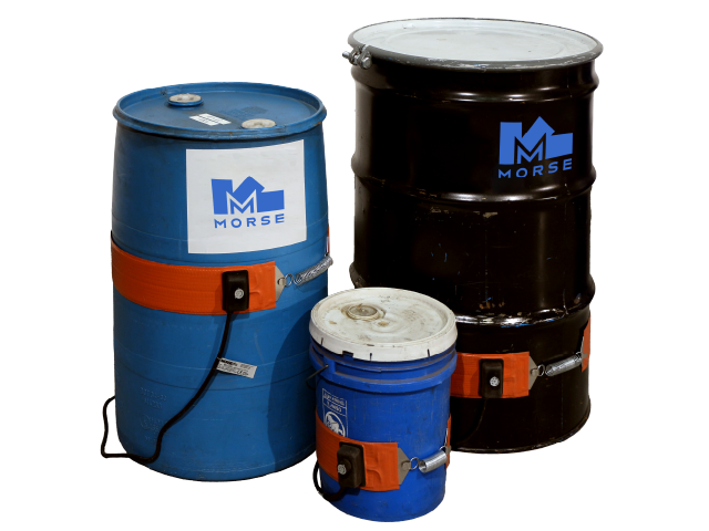 Band Heaters on 5-gallon plastic pail, 30-gallon plastic drum, and 55-gallon steel drum