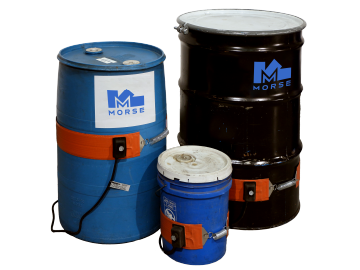 Band Heaters on 5-gallon plastic pail, 30-gallon plastic drum, and 55-gallon steel drum